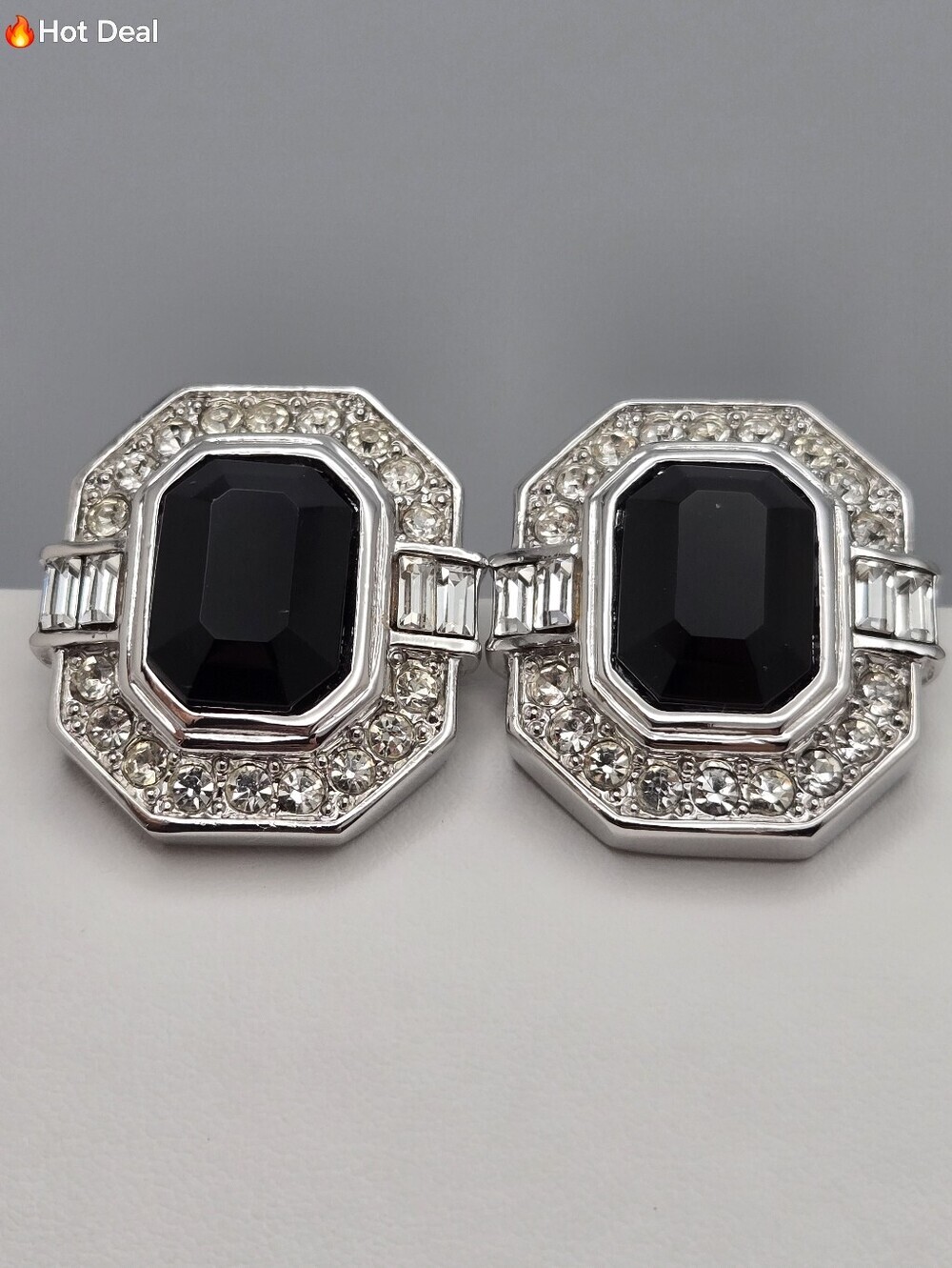 Silver Tone Black Onyx Crystal Halo Earrings Cut CZ Statement 1"